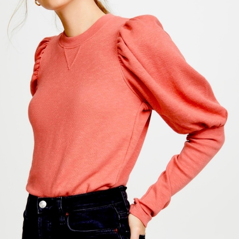 Ulla Johnson Sweatshirt Women Large Coral Pink Puff Sleeve Cotton Crewneck